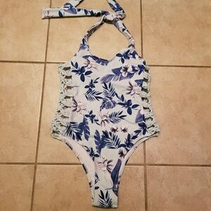 Camilla Blue and White Floral Halter One-Piece Swimsuit